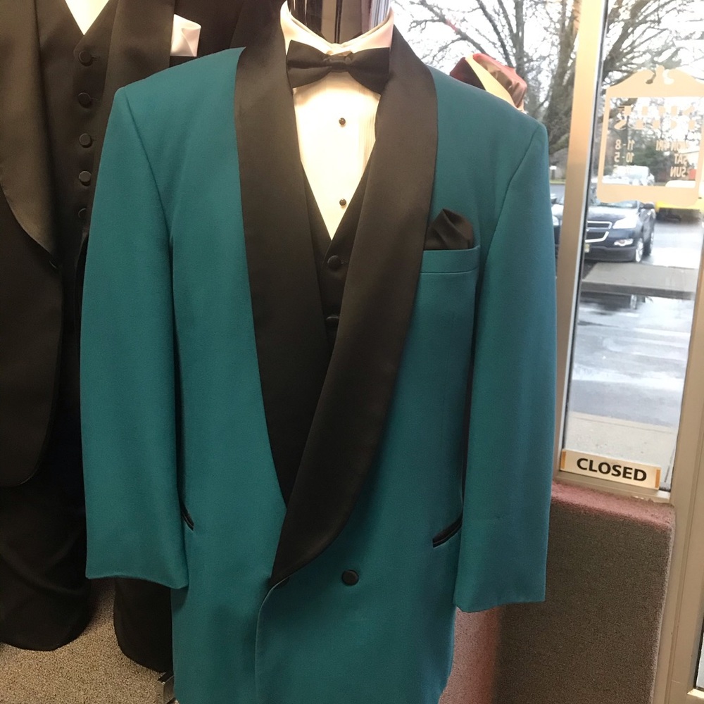 Double Breasted Shawl Teal Tuxedo with Black Trim